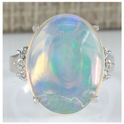 9.82 CTW Natural Opal And Diamond Ring 18K Solid White Gold