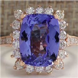 6.89 CTW Natural Blue Tanzanite And Diamond Ring 18K Solid Rose Gold