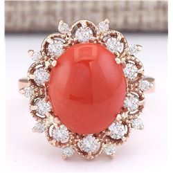 7.18 CTW Natural Coral And Diamond Ring In 14k Rose Gold