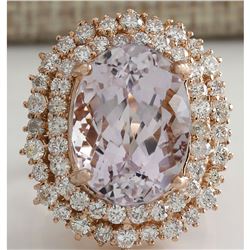 14.50 CTW Natural Peach Morganite And Diamond Ring In 18K Solid Rose Gold