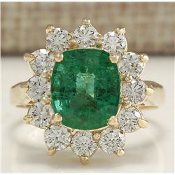 3.98 CTW Natural Emerald And Diamond Ring 18K Solid Yellow Gold