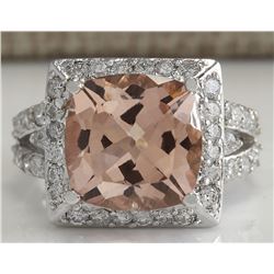 8.42 CTW Natural Peach Morganite And Diamond Ring In 18K Solid White Gold