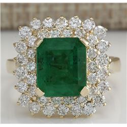 5.51 CTW Natural Emerald And Diamond Ring 14K Solid Yellow Gold