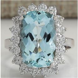 7.00 CTW Natural Aquamarine And Diamond Ring In 18K Solid White Gold