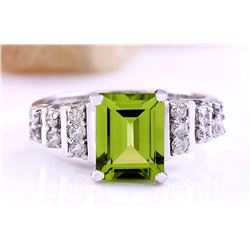 3.05 CTW Natural Peridot 18K Solid White Gold Diamond Ring