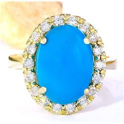 6.34 CTW Natural Turquoise 18K Solid Yellow Gold Diamond Ring