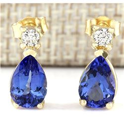 3.40 CTW Natural Tanzanite And Diamond Earrings 18K Solid Yellow Gold