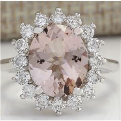 4.72 CTW Natural Peach Morganite And Diamond Ring In 14K Solid White Gold