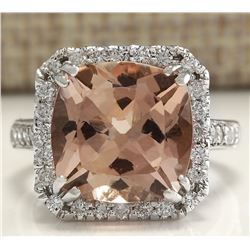 7.81 CTW Natural Peach Morganite And Diamond Ring In 14K Solid White Gold