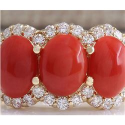 5.30CTW Natural Red Coral And Diamond Ring 14K Solid Yellow Gold