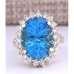 13.02 CTW Natural Blue Topaz And Diamond Ring In 18K Yellow Gold