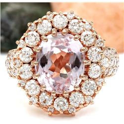 5.86 CTW Natural Kunzite 18K Solid Rose Gold Diamond Ring