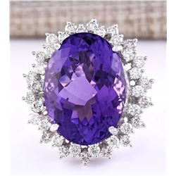 27.50 CTW Natural Amethyst And Diamond Ring In 18K White Gold