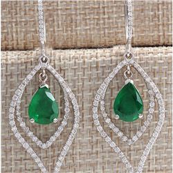 6.98 CTW Natural Emerald And Diamond Earrings 14K Solid White Gold