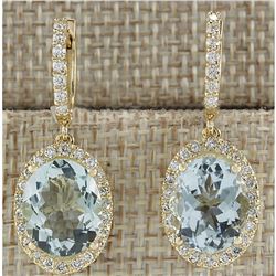 8.93 CTW Natural Aquamarine And Diamond Earrings 18K Solid Yellow Gold