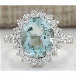 4.46 CTW Natural Blue Aquamarine And Diamond Ring 18K Solid White Gold