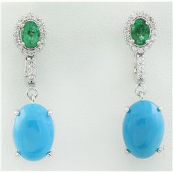 10.65 CTW Turquoise Emerald 14K White Gold Diamond Earrimgs