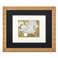 Guillaume Azoulay, "Cranes" Framed Original Pen and Ink Drawing with Hand Laid Gold Leaf, Hand Signe