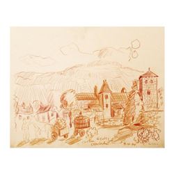 Wayne Ensrud "Gevrey Chambertin, Burgundy" Pencil Original Artwork; Hand Signed; COA