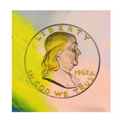 Steve Kaufman (1960-2010), "1963 Liberty Ben Coin" Hand Painted Limited Edition Silkscreen on Canvas