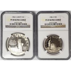 1986 S Liberty 2 Coin Set $1 PF68 & 50c PF69 - NGC