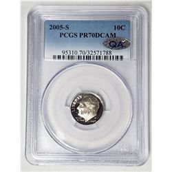 2005 S Roosevelt 10c PCGS PR70DCAM -QA Sticker