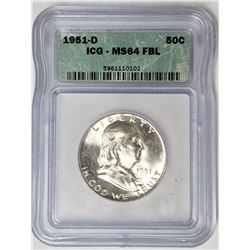 1951 D Franklin Silver Half Dollar ICG MS64 FBL