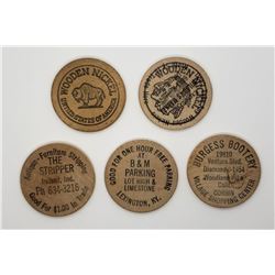 5-WOODEN NICKELS - ALL DIFFERENT - SEE DESCRIPTION