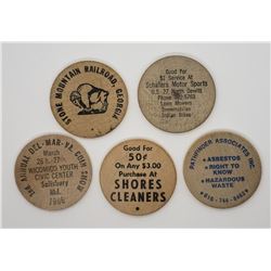 5-WOODEN NICKELS - ALL DIFFERENT - SEE DESCRIPTION