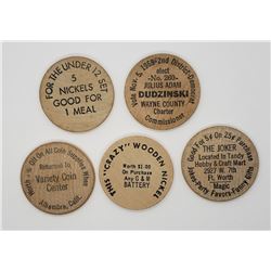 5-WOODEN NICKELS - ALL DIFFERENT - SEE DESCRIPTION