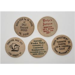 5-WOODEN NICKELS - ALL DIFFERENT - SEE DESCRIPTION