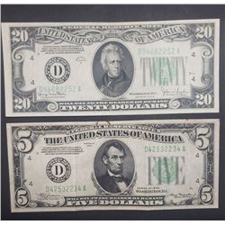 1934s FEDERAL RESERVE NOTES $20 & $5