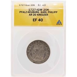 1727-IGW Pfalz-Neuburg Karl Philipp AR 20 Kreuzer Coin ANACS XF40