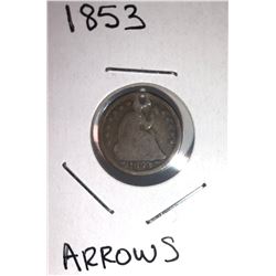 1853 'ARROWS' SEATED LIBERTY HALF DIME HOLED