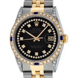 Rolex Mens 2 Tone Black Diamond String Lugs & Sapphire Datejust Wristwatch