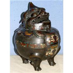 Meiji Japanese Bronze Lion Dog Incense Burner #1165668