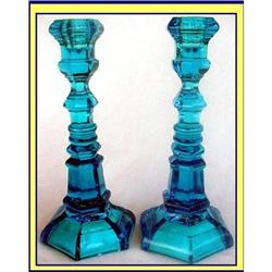 TURQUOISE PRESSED GLASS PR CANDLESTICKS #1186444