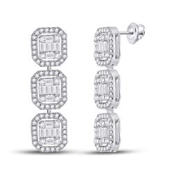 Womens Baguette Diamond Dangle Earrings 1-5/8 Cttw 14kt White Gold - REF-131A5M