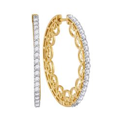 Womens Round Diamond Single Row Luxury Hoop Earrings 1 Cttw 10kt Yellow Gold - REF-65A5M