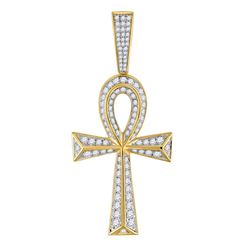 Mens Round Diamond Ankh Cross Charm Pendant 1-5/8 Cttw 10kt Yellow Gold - REF-87N5F