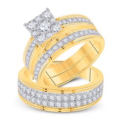 His Hers Round Diamond Cluster Matching Wedding Set 2-1/5 Cttw 14kt Yellow Gold - REF-175A5M