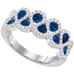 Womens Round Blue Sapphire Diamond Band Ring 1-1/3 Cttw 14kt White Gold - REF-85R5X