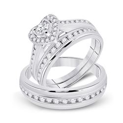 His Hers Round Diamond Heart Matching Wedding Set 1 Cttw 10kt White Gold - REF-79N5F
