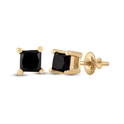 Womens Princess Black Color Enhanced Diamond Stud Earrings 1/2 Cttw 10kt Yellow Gold - REF-9R5X