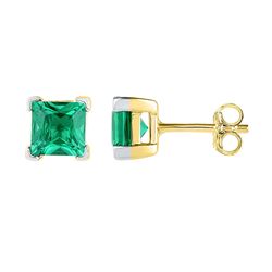 Womens Princess Lab-Created Emerald Solitaire Earrings 2 Cttw 10kt Yellow Gold - REF-9M5H