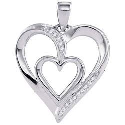 Womens Round Diamond Double Nested Heart Pendant 1/20 Cttw 10kt White Gold - REF-8K5Y