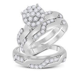 His Hers Round Diamond Cluster Matching Wedding Set 1 Cttw 10kt White Gold - REF-63W9K