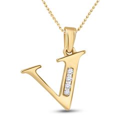 Womens Round Diamond V Initial Letter Pendant 1/20 Cttw 10kt Yellow Gold - REF-6N5F