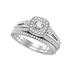 Round Diamond Halo Bridal Wedding Ring Band Set 1/2 Cttw 10k White Gold - REF-52M9H