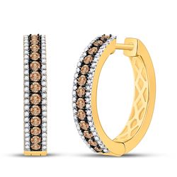 Womens Round Brown Diamond Hoop Earrings 1 Cttw 14kt Yellow Gold - REF-63X9A